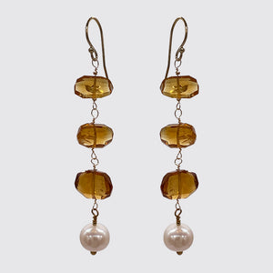 Long Earring with Faceted Amber Citrine and Fresh Water Pearl