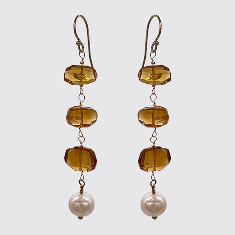 Long Earring with Faceted Amber Citrine and Fresh Water Pearl