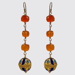 Dangle Earring: Faceted Carnilian Cube, Enamel Bead