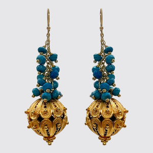Earring, Turquoise Cluster with Handmade Vintage Bead