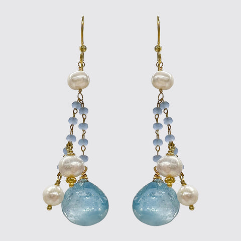 Chalcedony, Pearl, Aquamarine dangle Earring