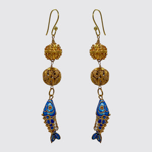 Long Dangle earring with enamel fish