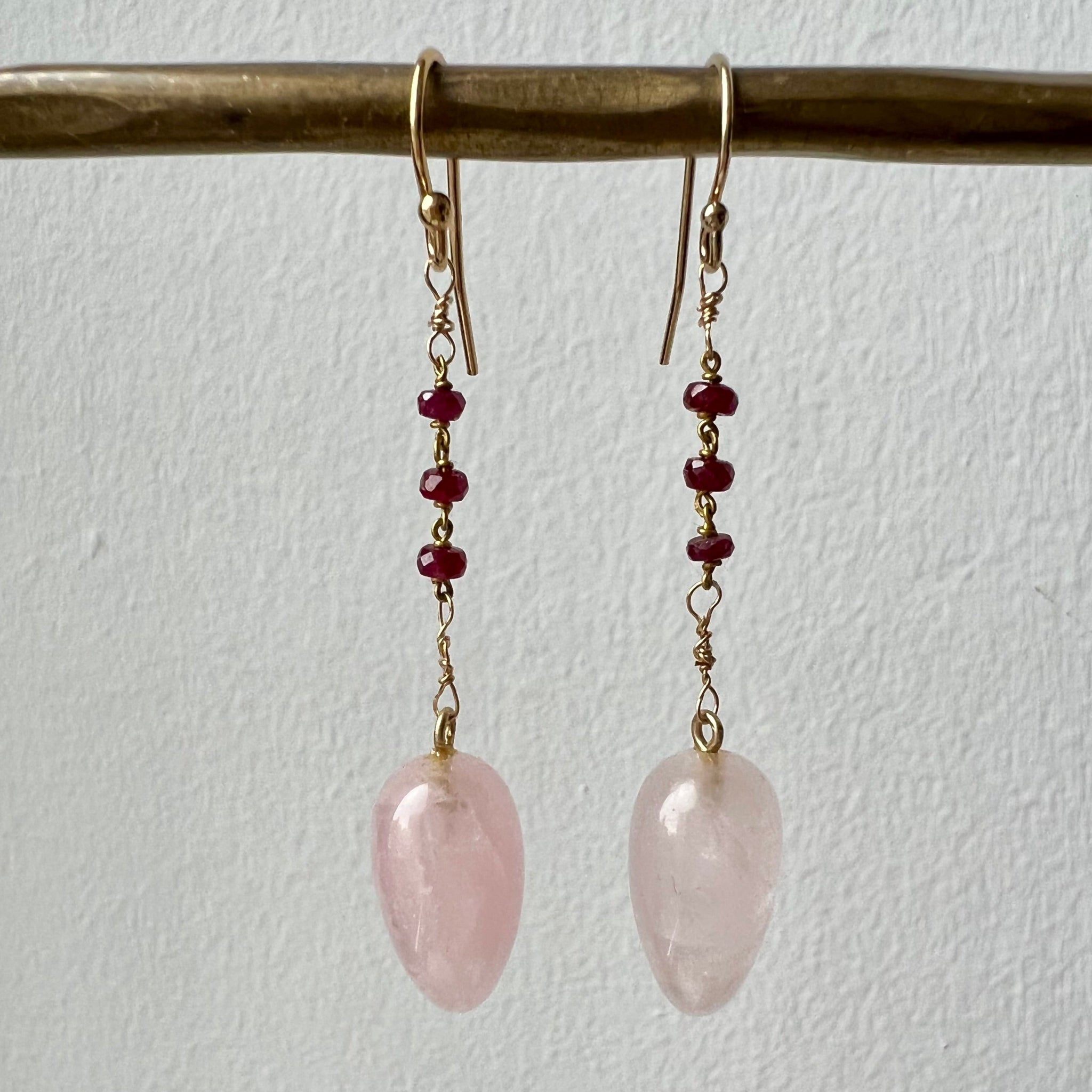 Dangle Earring, Rose Quartz and Ruby