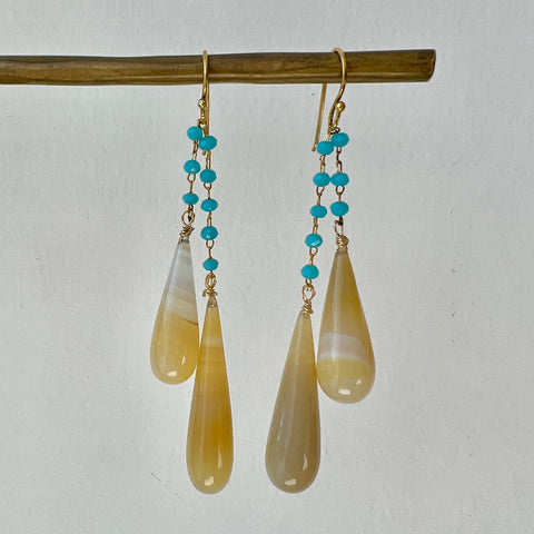 Turquoise And Yellow Agate Double Teardrop