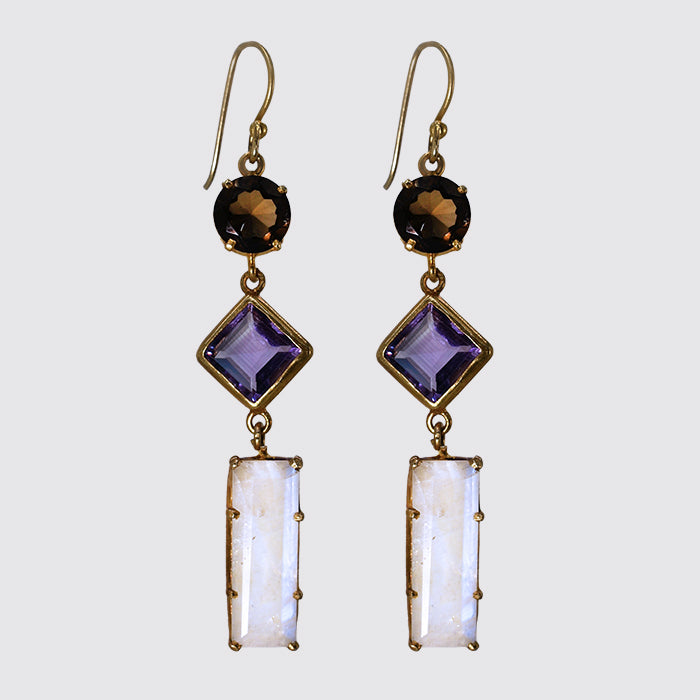 Smokey Topaz, Amethyst & Moonstone Earrings