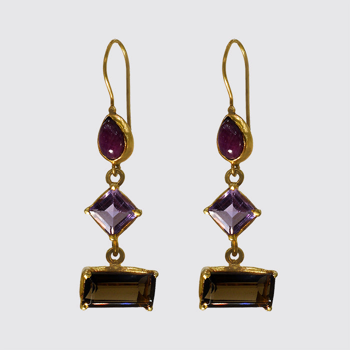 Ruby, Amethyst & Smokey Topaz Earrings