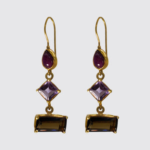 Ruby, Amethyst & Smokey Topaz Earrings