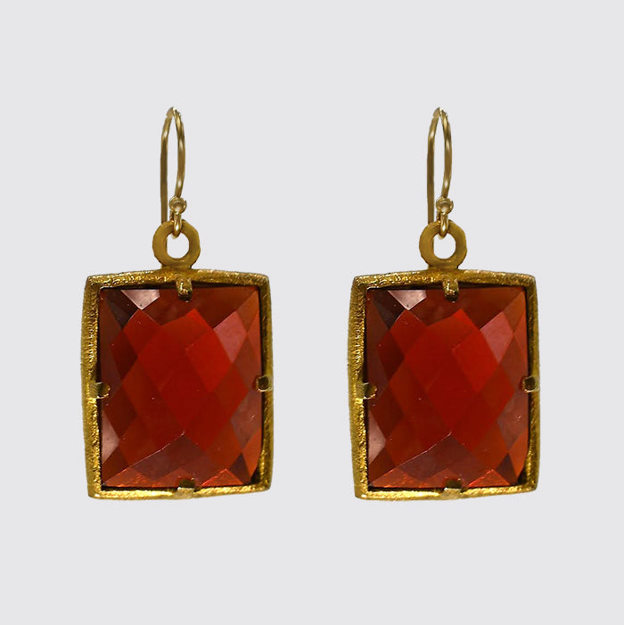 Square Faceted Red Glass Earrings