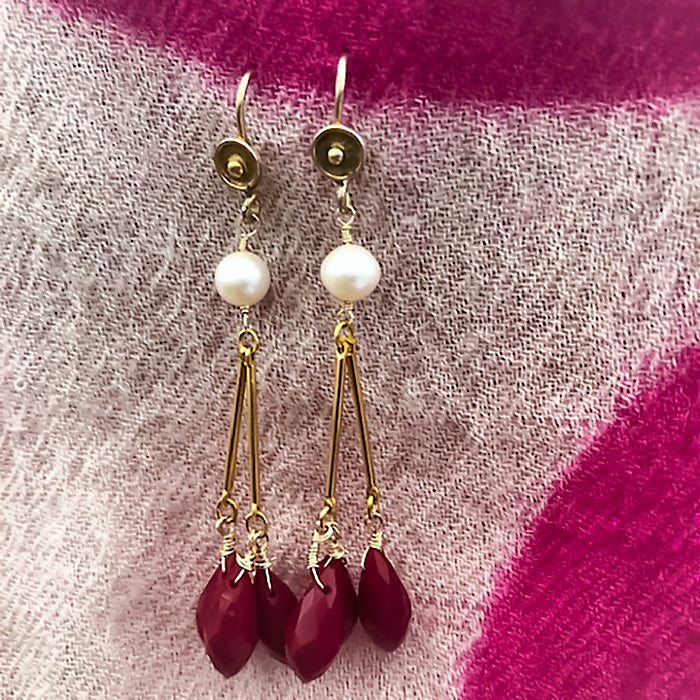 Faceted Red Glass Fresh Water Pearl Cluster Earring