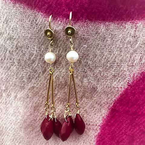 Faceted Red Glass Fresh Water Pearl Cluster Earring