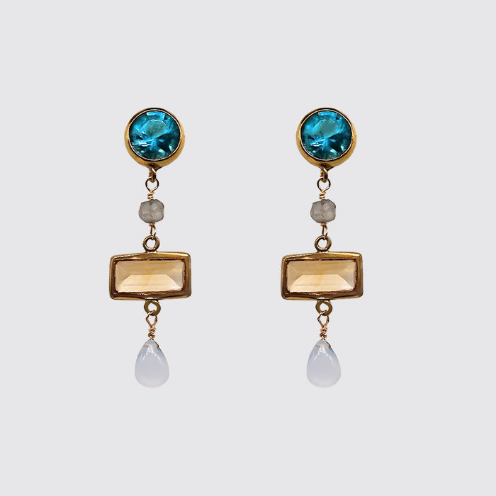 Post Blue Topaz, Faceted Citrine, Chalcedony Earring