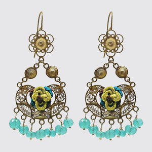 Filigree Earrings With Flower Embroidery & Green Onyx Drops