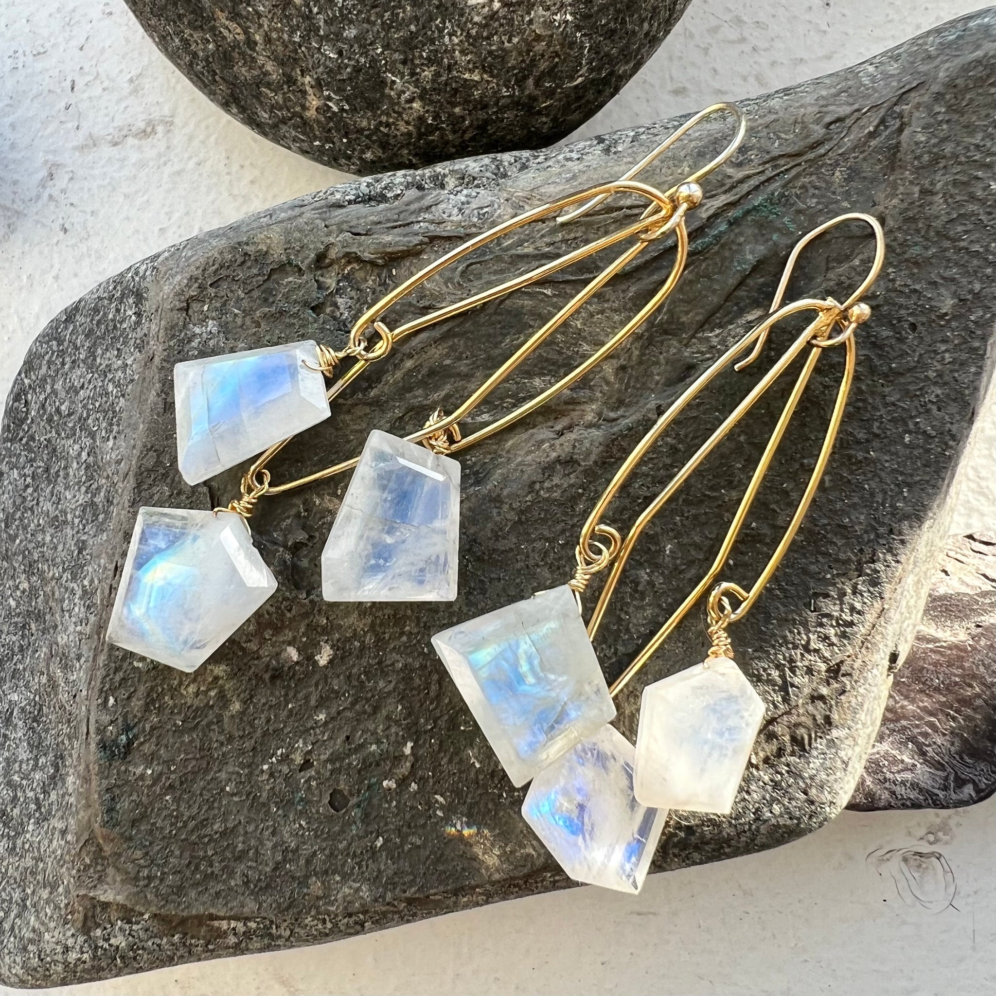 Long Rainbow Moonstone Dangle Earrings