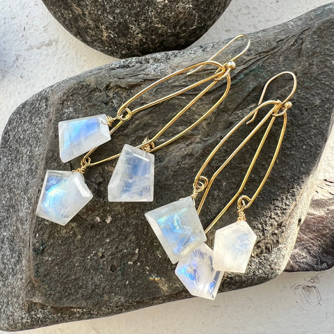 Long Rainbow Moonstone Dangle Earrings