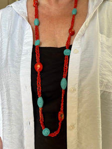Long Coral Necklace with Hand-Carved Cinnabar Beads