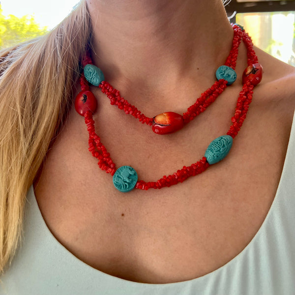 Long Coral Necklace with Hand-Carved Cinnabar Beads