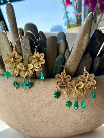 Flower Filigree Hoops With Faceted Green Onyx