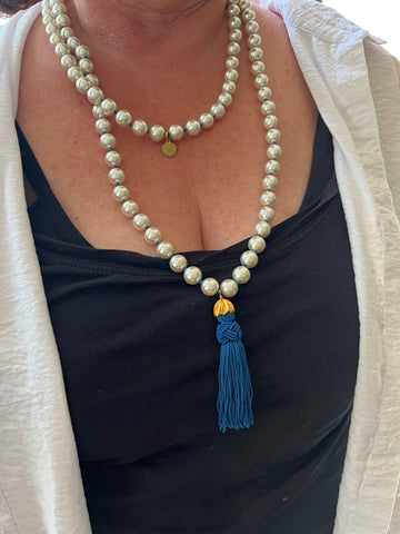 Hand-Knotted Glass Pearl Necklace With Blue Silk Tassel