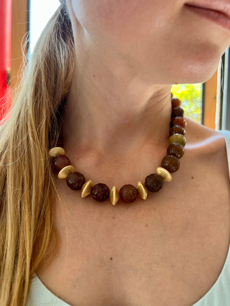 Carved Stone & Gold Bead Necklace