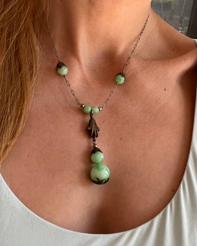 Art Deco Style Necklaces With Jade Glass Beads
