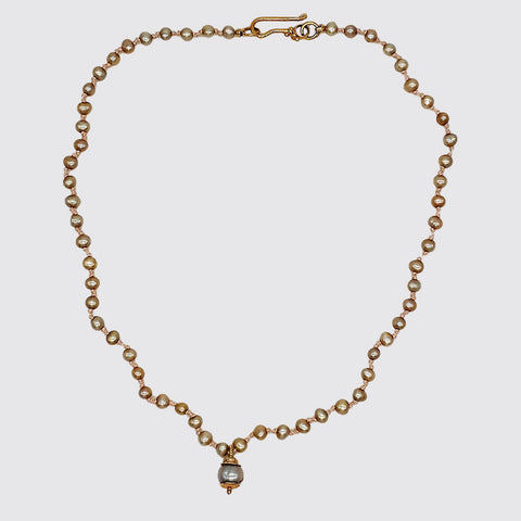 Hand knotted Pale Pink Pearl with Fine Gold Clasp and Bead Cap