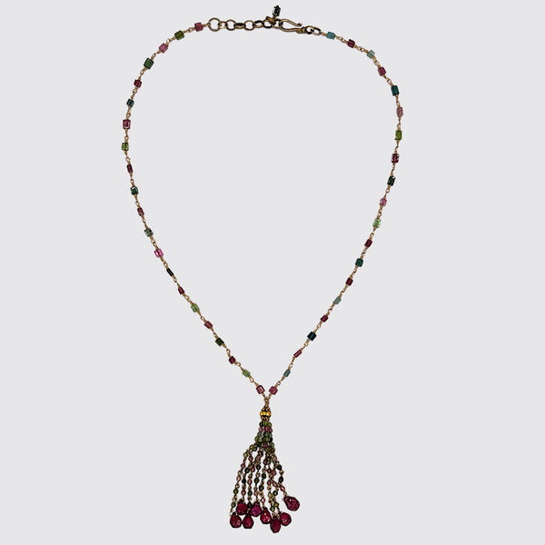 Tiny Square Tourmaline Rosary With 22K Gold Bead & Tourmaline Tassels