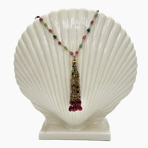 Tiny Square Tourmaline Rosary With 22K Gold Bead & Tourmaline Tassels