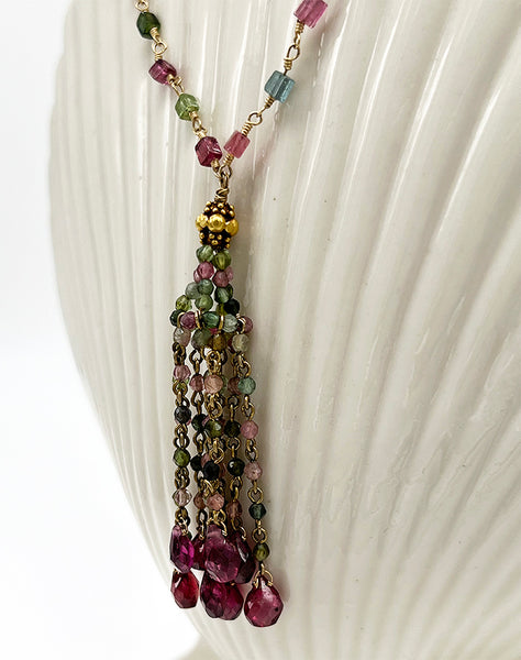 Tiny Square Tourmaline Rosary With 22K Gold Bead & Tourmaline Tassels