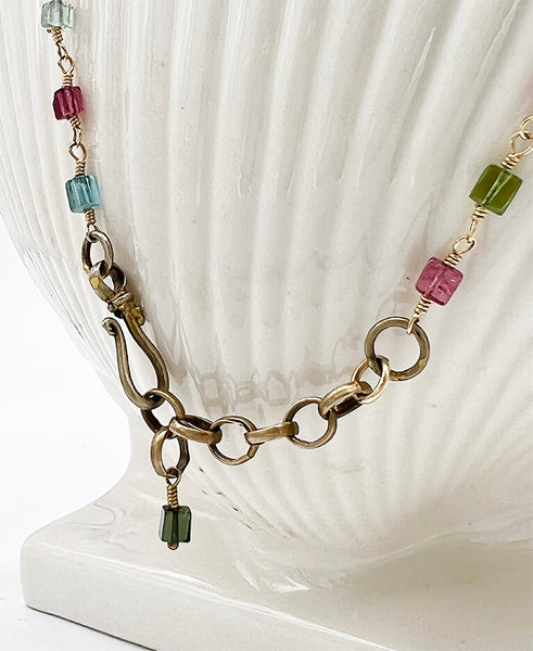 Tiny Square Tourmaline Rosary With 22K Gold Bead & Tourmaline Tassels