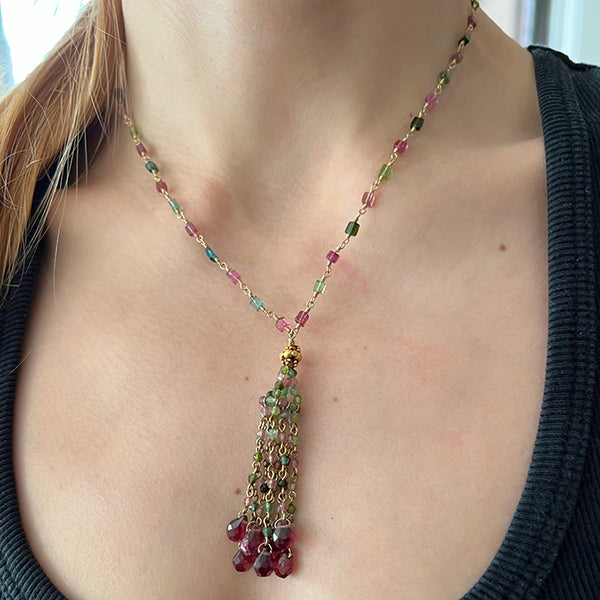 Tiny Square Tourmaline Rosary With 22K Gold Bead & Tourmaline Tassels