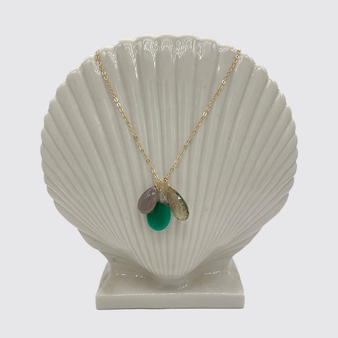 Necklace with Hanging Stones: Chalcedony, Chrysoprase, Rutilated Quartz