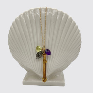 Necklace with Hanging Tassel and Faceted Rutilated Quartz and Amethyst, Faceted Citrine