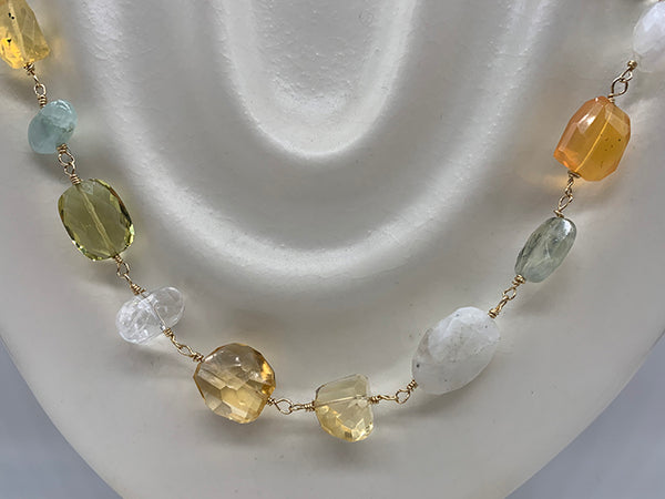 Rosary Necklace with Citrine, Rock Crystal, Chalcedony, Strawberry Quartz, Moonstone, Aquamarine