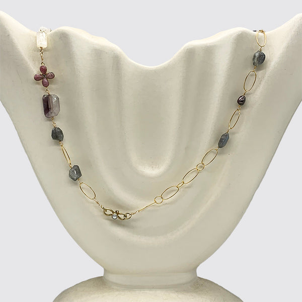 Rosary Mixed Gem Stone Necklace, Labradorite, Kunzite, Moonstone, Ametrine