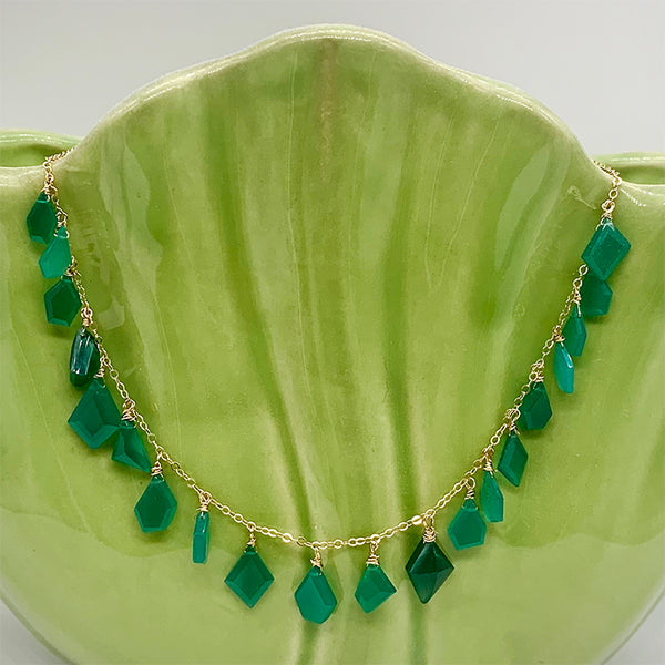 Necklace on chain with Faceted Irregular Cut Green Onyx