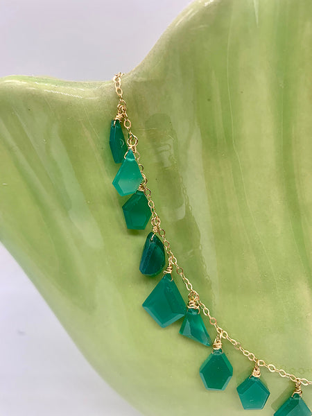 Necklace on chain with Faceted Irregular Cut Green Onyx