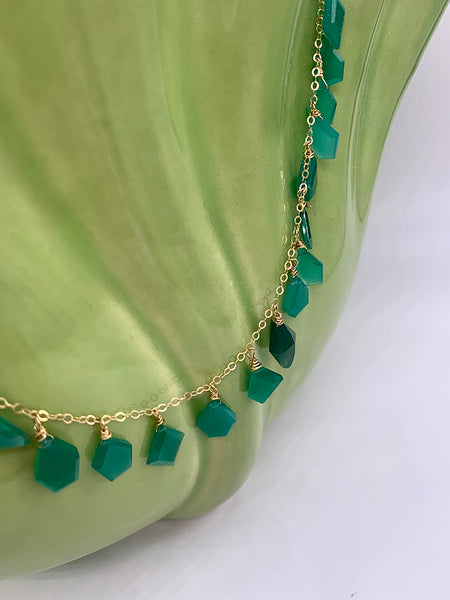 Necklace on chain with Faceted Irregular Cut Green Onyx