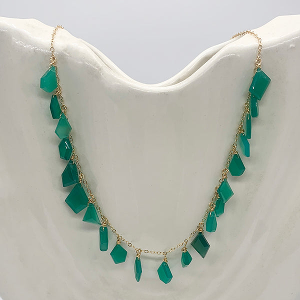 Necklace on chain with Faceted Irregular Cut Green Onyx