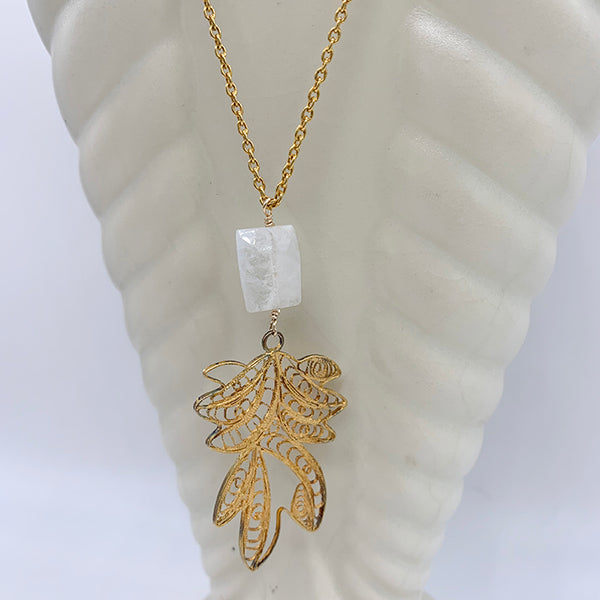 Moonstone, filigree pendant on chain necklace