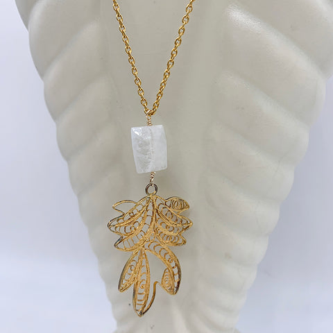 Moonstone, filigree pendant on chain necklace