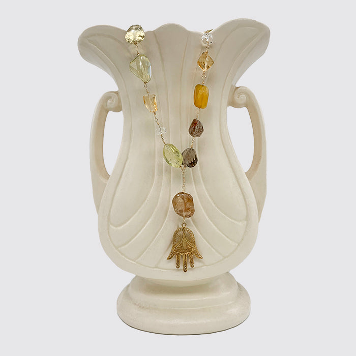 Rosary Hamsa Necklace with Stones