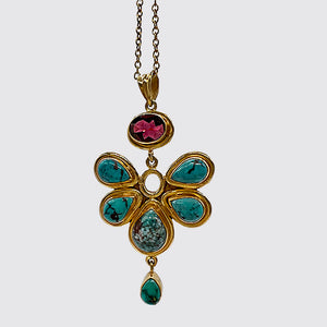 Flower Pendant Necklace with Turquoise & Garnet Set in Vermeil