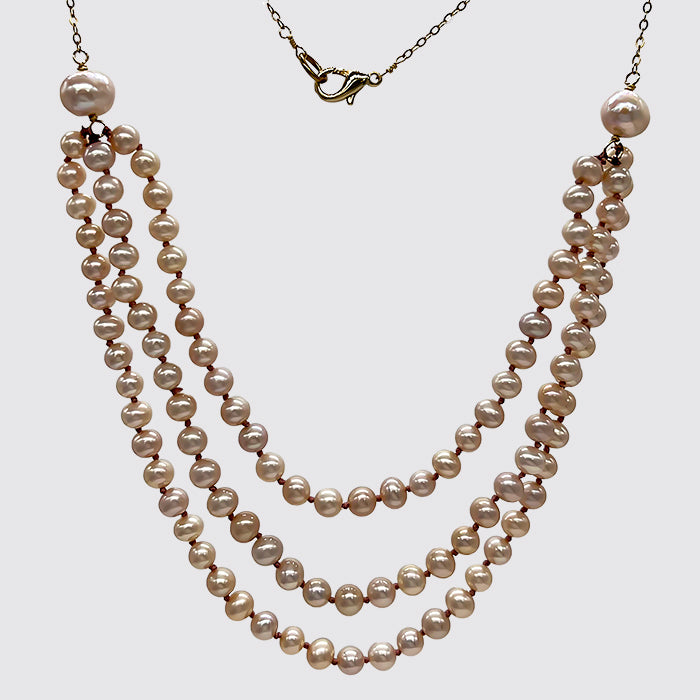Three Strand Pink Freshwater Pearl Necklace Attached To Chain