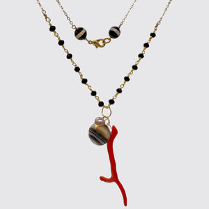 Black Onyx Chain Necklace with Banded Agate, coral and Freshwater Pearl