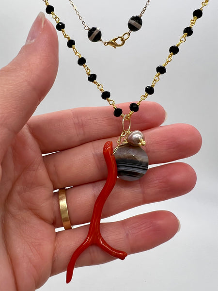 Black Onyx Chain Necklace with Banded Agate, coral and Freshwater Pearl