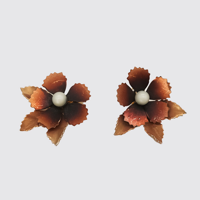 Copper Flower Clip On Earrings