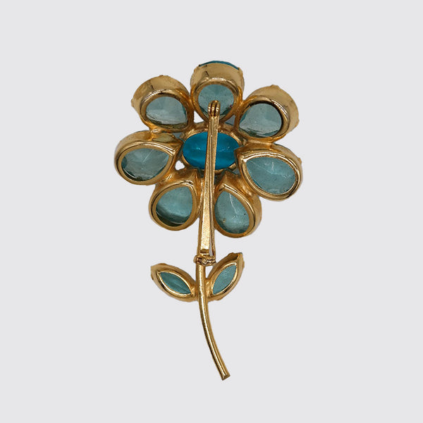 Costume Brooch, Flower with Aqua Colored Glass