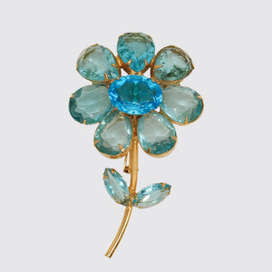 Costume Brooch, Flower with Aqua Colored Glass