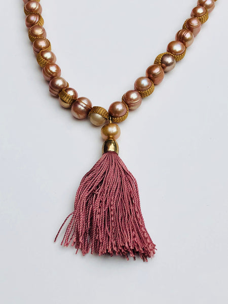 Long Freshwater Pearl Dusty Rose Tassel Necklace
