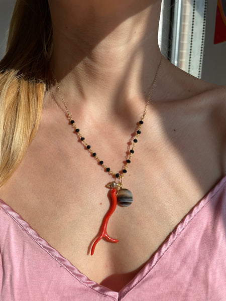 Black Onyx Chain Necklace with Banded Agate, coral and Freshwater Pearl